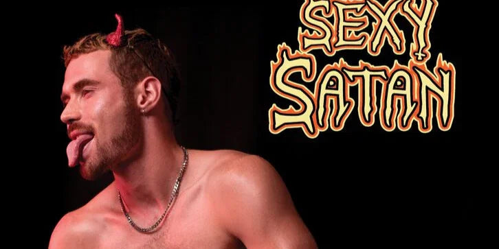 Shirtless man with red devil horns, sticking out tongue, beside 'Sexy Satan' text on black background