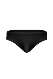 Black men's bikini underwear with a low-rise, minimalist design on white background