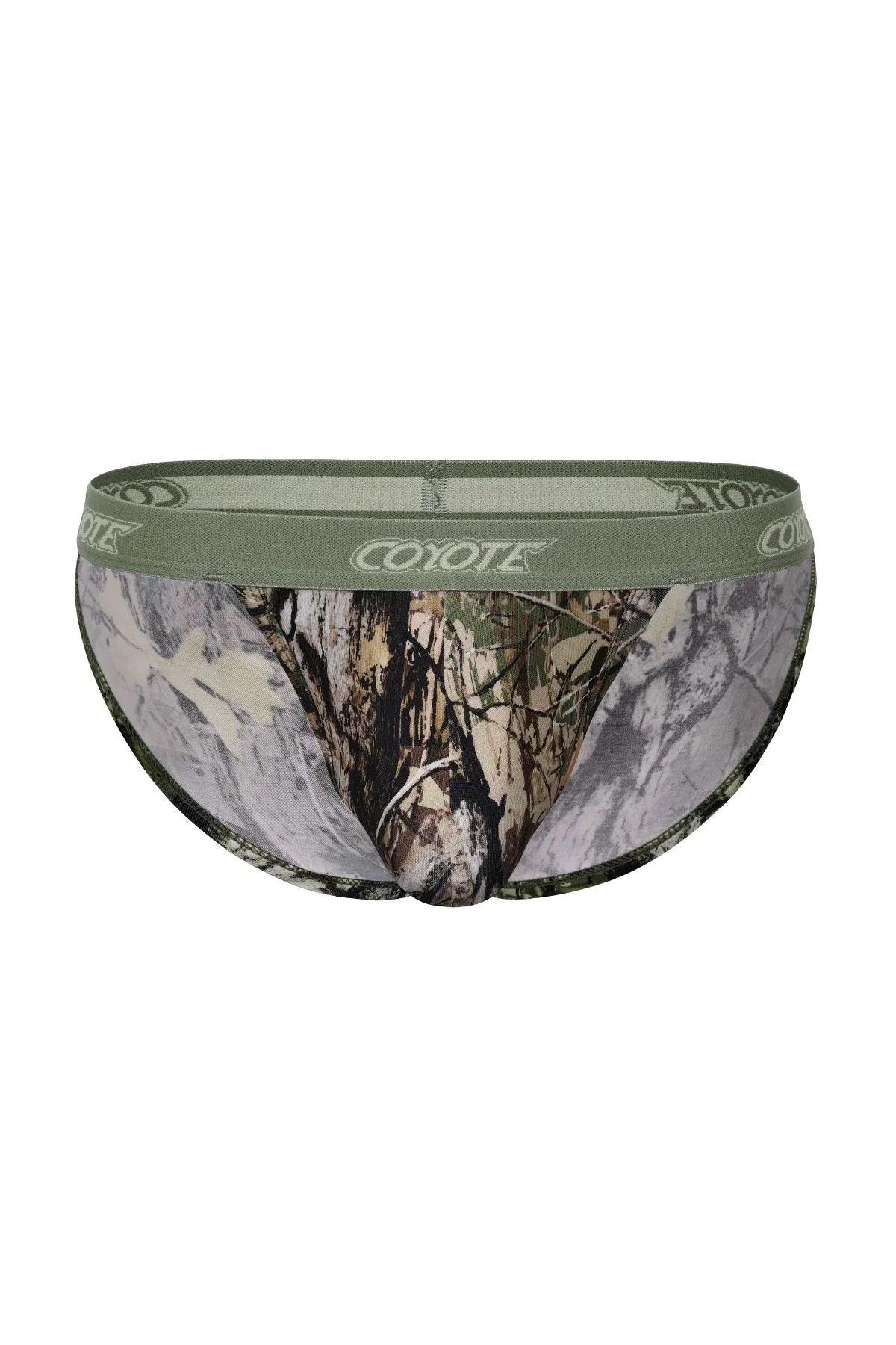 Coyote brand men's underwear with camouflage print and olive waistband, designed for comfort and style.