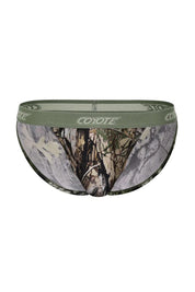 Coyote brand men's underwear with camouflage print and olive waistband, designed for comfort and style.