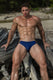 Muscular man in blue swim briefs posing on driftwood at beach, showcasing athletic physique and bold style