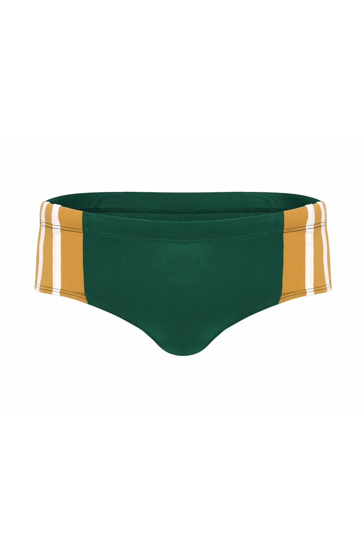 Green men's bikini brief with mustard yellow and white striped sides, stylish swimwear design