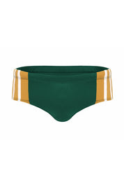 Green men's bikini brief with mustard yellow and white striped sides, stylish swimwear design