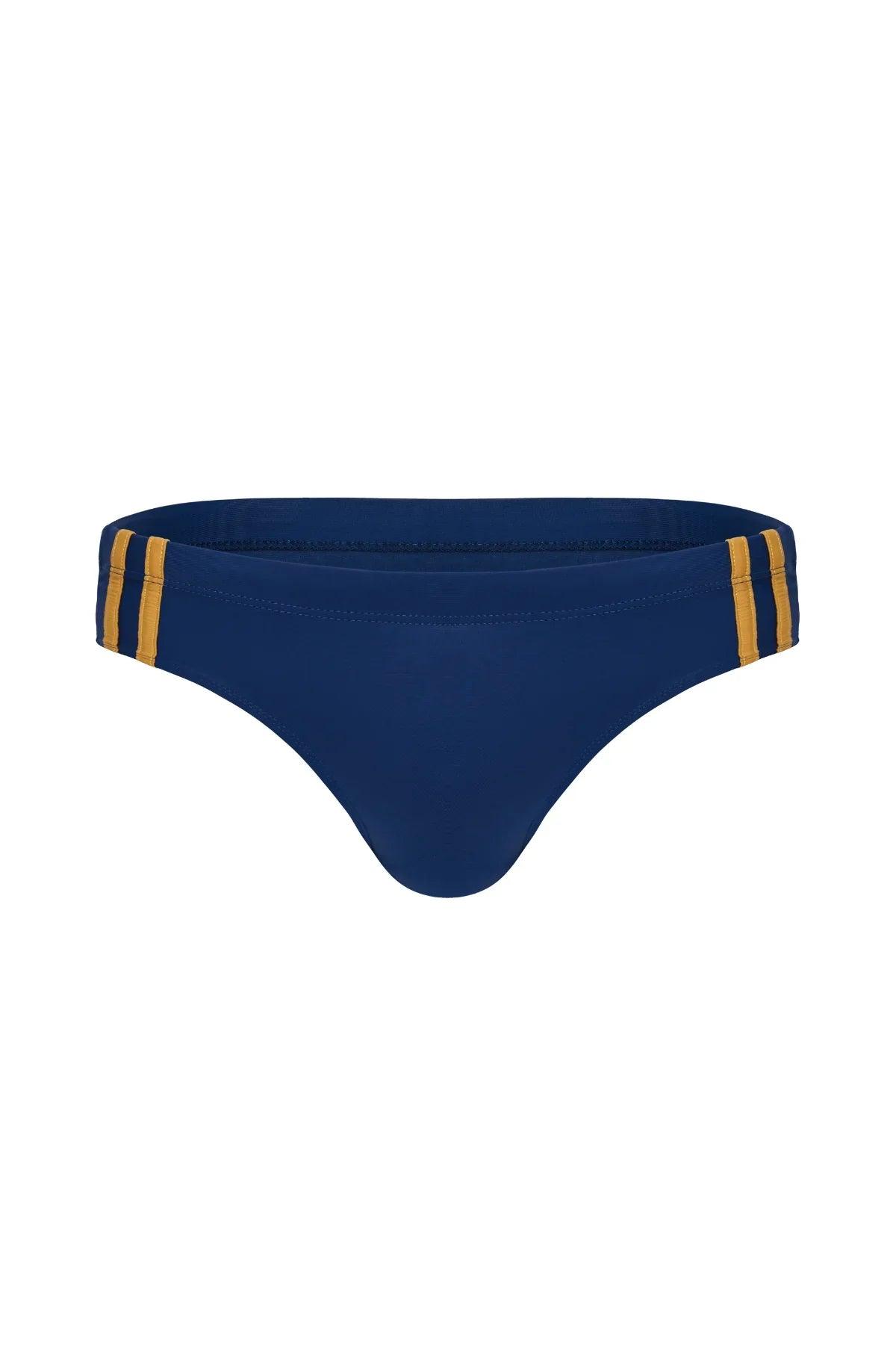 Navy blue men's bikini underwear with gold side stripes, designed for comfort and style.