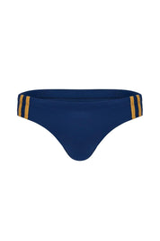 Navy blue men's bikini underwear with gold side stripes, designed for comfort and style.