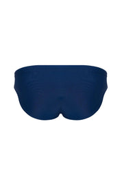 Navy blue men's swim brief with contoured fit and smooth fabric, ideal for comfort and style.