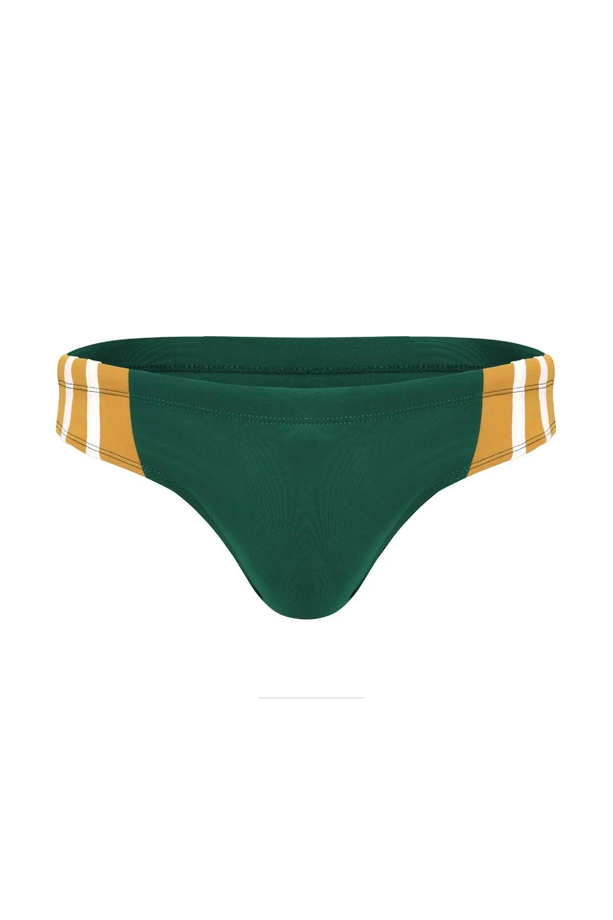 Green men's bikini brief with mustard and white striped waistband, stylish swimwear design