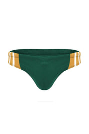 Green men's bikini brief with mustard and white striped waistband, stylish swimwear design