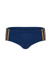 Navy blue men's brief with gold side stripes, stylish and comfortable underwear design