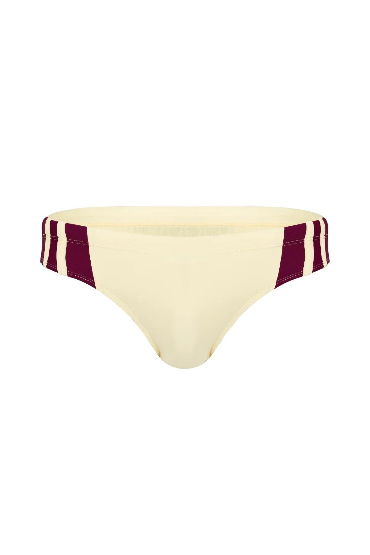 Cream men's bikini brief with burgundy side stripes, stylish and comfortable swimwear design