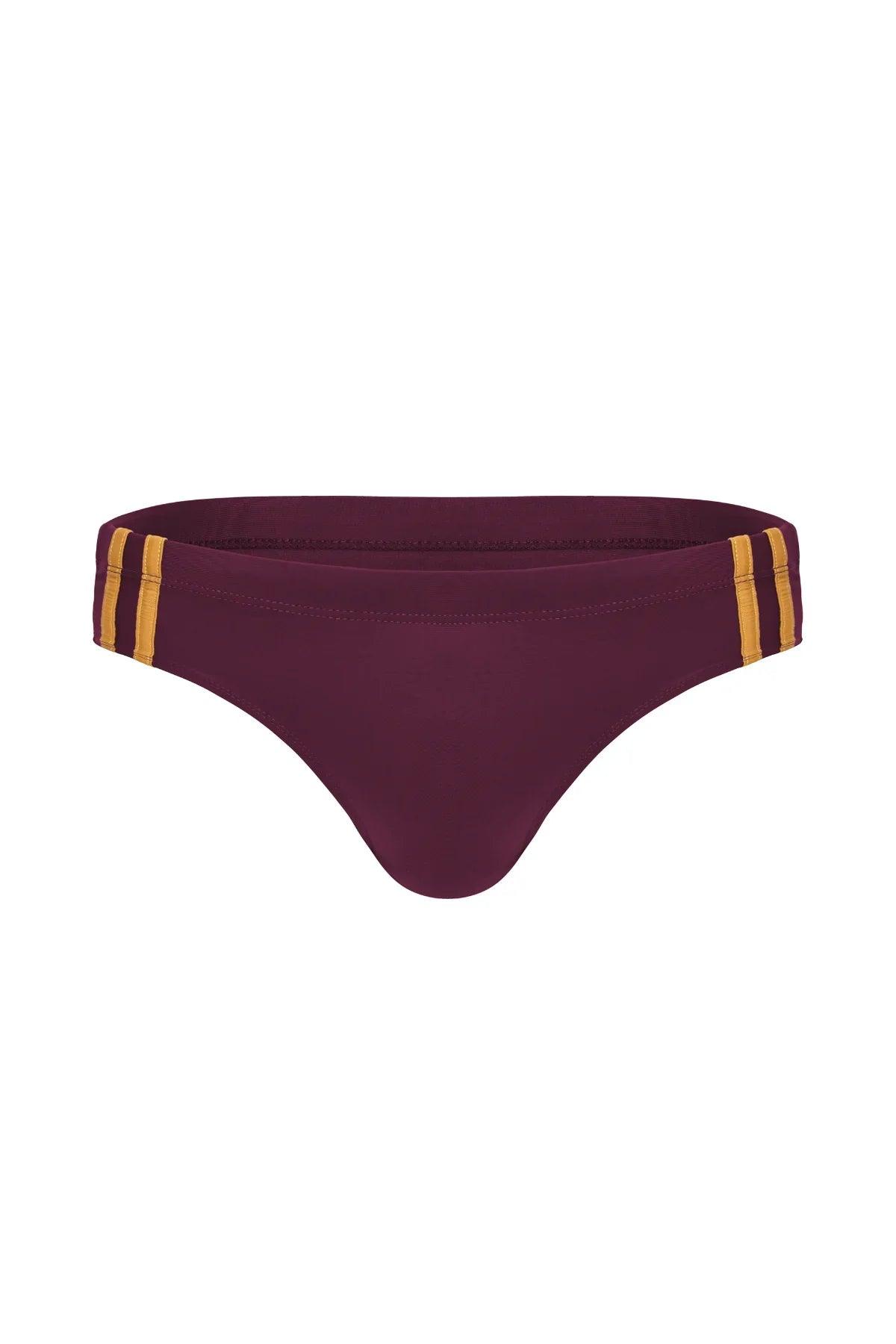 Burgundy men's jockstrap with gold stripes, sexy athletic underwear for bold style