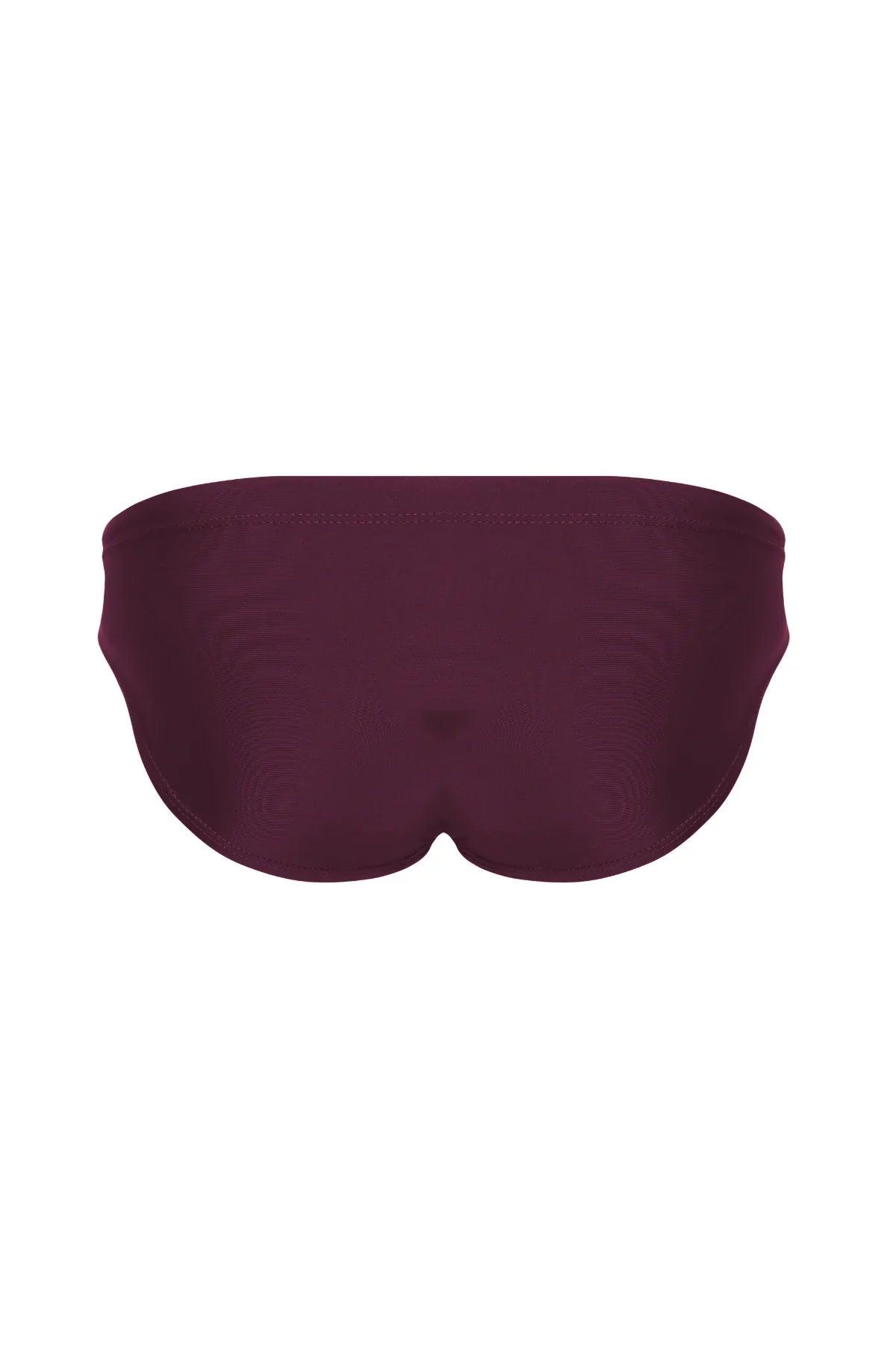 Deep burgundy men's low-rise bikini underwear with smooth fabric and contoured fit