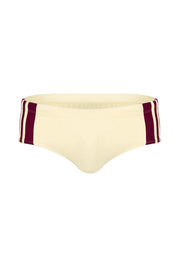 Cream men's brief with burgundy side stripes, athletic fit underwear for comfort and style