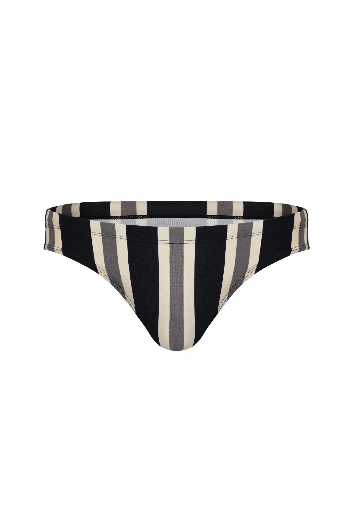 Men's striped bikini underwear in black, gray, and cream — bold, comfortable, and sexy design.