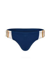 Navy blue men's bikini brief with white and gold striped waistband, stylish swimwear design