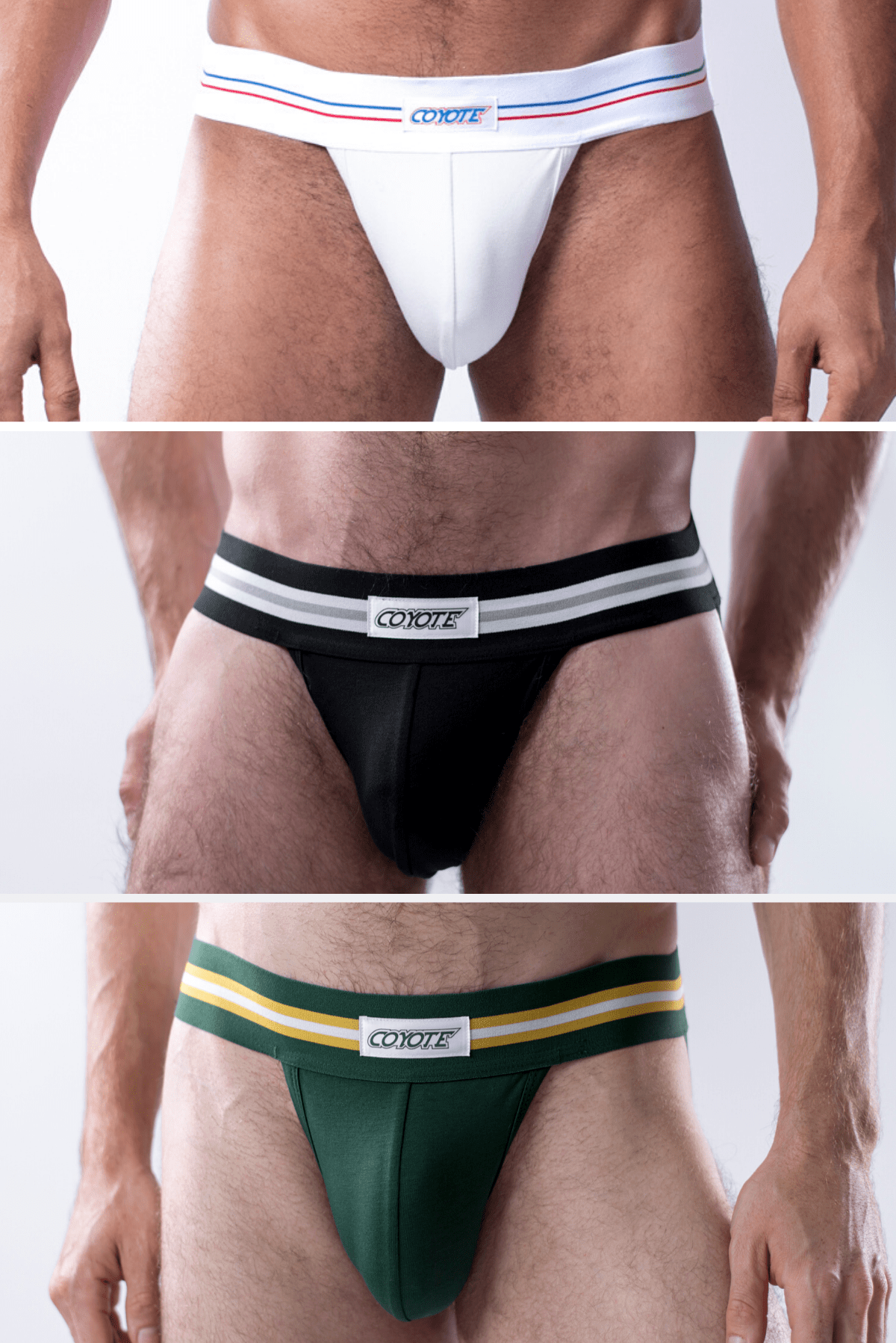 sexy-jockstrap-gay-underwear-mens-jock-3-Pack: White, Black, Hunter Green Jockstraps - Coyote Jocks Inc.