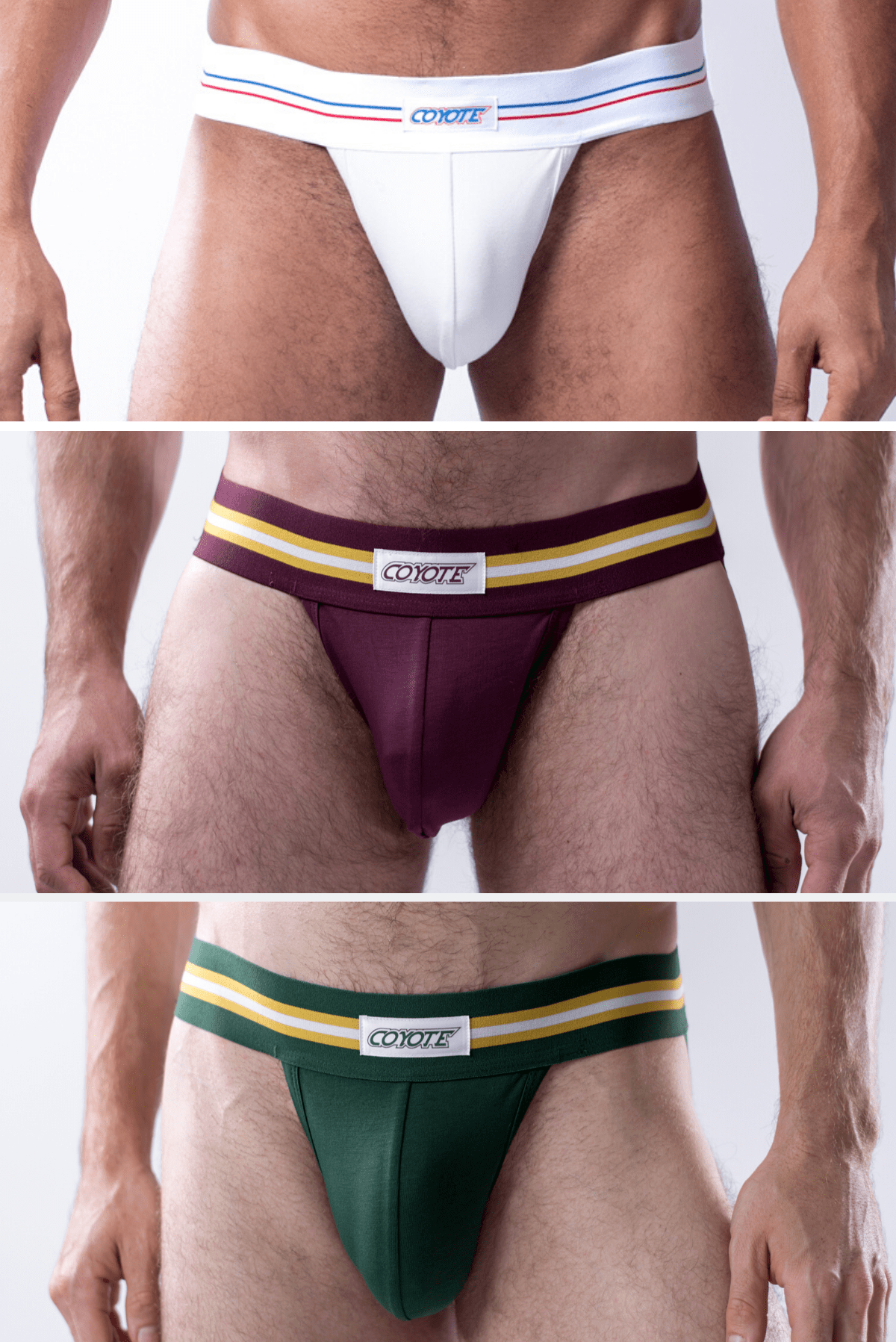 sexy-jockstrap-gay-underwear-mens-jock-3-Pack: White, Burgundy, Hunter Green Jockstraps - Coyote Jocks Inc.