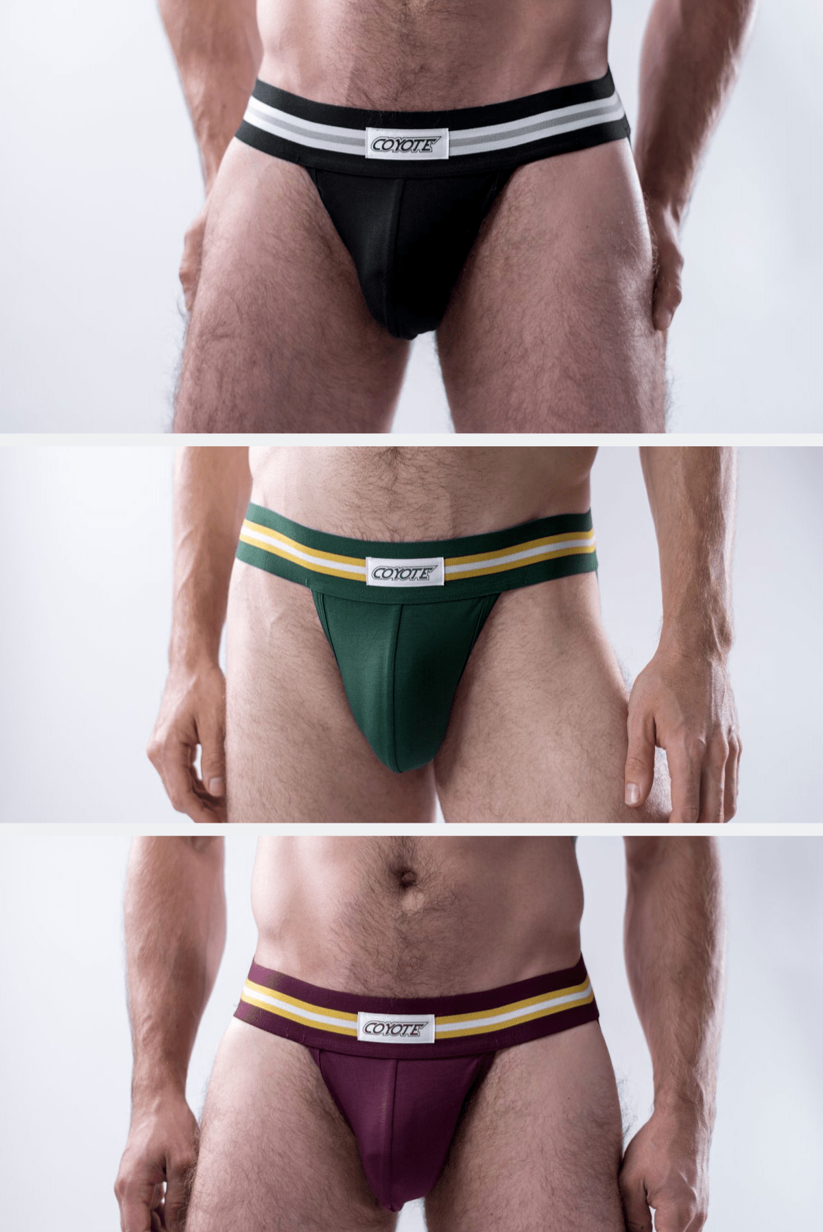 sexy-jockstrap-gay-underwear-mens-jock-3-Pack: Black, Green, Burgundy Jockstraps - Coyote Jocks Inc.